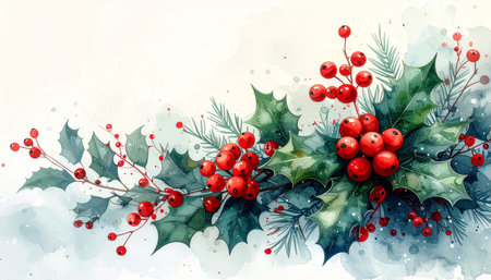 Christmas watercolor background with holly berry. Vector illustration.の素材