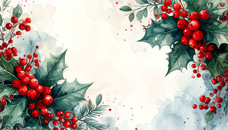 Christmas watercolor background with holly leaves and berries. Vector illustration.の素材