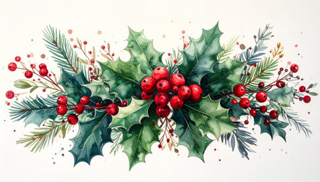Watercolor illustration of holly leaves and berries on white background.の素材