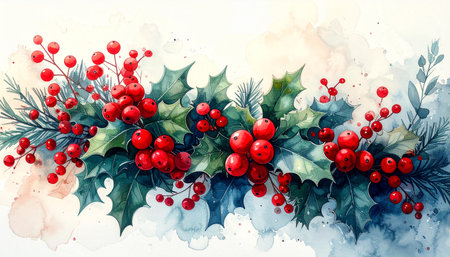 Watercolor christmas holly berry background. Hand drawn illustrationの素材