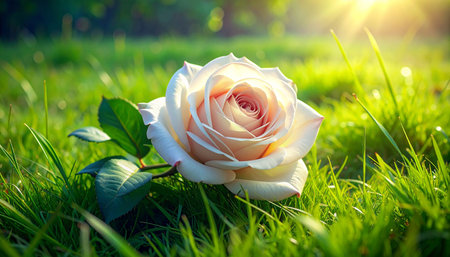Beautiful white rose on green grass with sunlight. Nature background.の素材