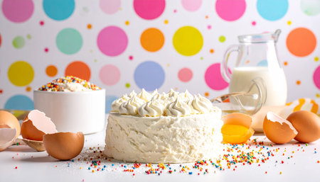 Cake with whipped cream, eggs and milk on a colorful backgroundの素材