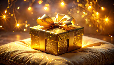 Golden gift box with golden bow on bokeh lights background.の素材