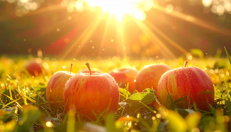 Ripe red apples on the grass in the rays of the setting sunの素材