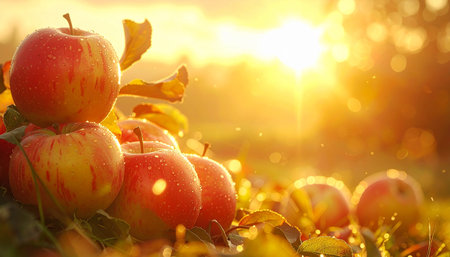 Apples on the grass in the rays of the setting sun.の素材