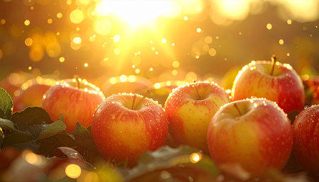 Ripe apples on the grass in the rays of the setting sunの素材