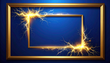 Golden frame with lightning on blue background. Vector illustration for your designの素材