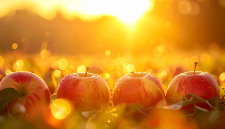 Ripe apples on the grass in the garden at sunset. Selective focus.の素材