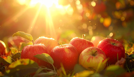 Apples on the grass in the sun rays. Selective focus.の素材