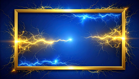 Blue lightning background with golden frame and lightning effect. Vector illustration.の素材