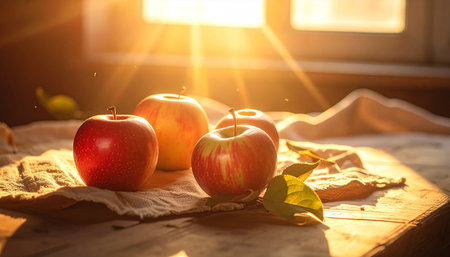 Apples on a wooden table in the rays of the sun.の素材