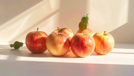 Apples on a white background with a shadow from the window.の素材