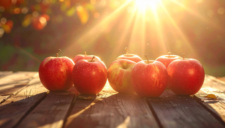 Apples on a wooden table in the rays of the setting sunの素材