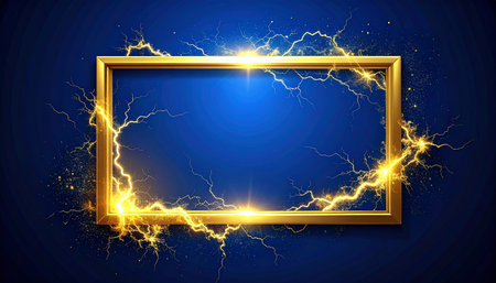 Golden frame with lightning on blue background. Vector illustration for your designの素材