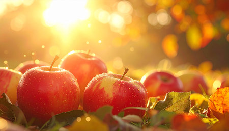 Red apples on the grass in the autumn garden. Close-upの素材