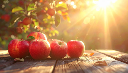 Red apples on wooden table in apple orchard with sunbeamsの素材