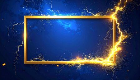 Golden frame with lightning on dark blue background. Vector Illustration.の素材