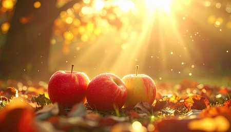 Red and yellow apples on green grass in autumnal park with sun raysの素材