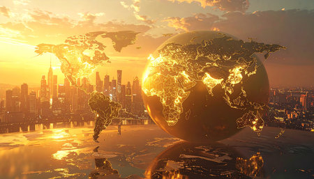 Global business concept. 3D render of globe with city and sunsetの素材