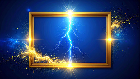 Golden frame with lightning on blue background. Vector illustration for your designの素材