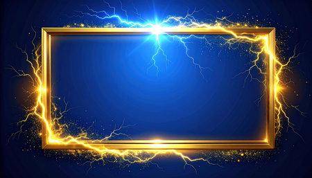 Golden frame with lightning on a dark blue background. Vector illustration.の素材