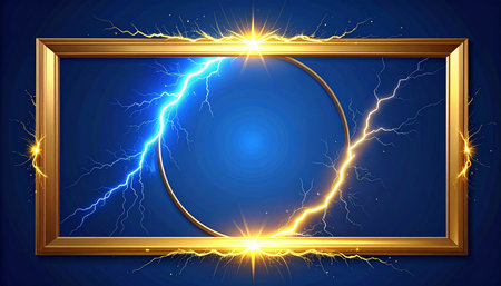 Golden frame with lightning on a dark blue background. Vector illustration.の素材