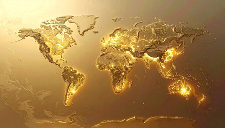 Map of the world on a gold background. 3d rendering.の素材