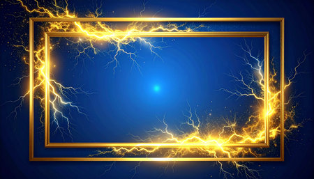 Golden frame with lightning effects on dark blue background. Vector illustration.の素材