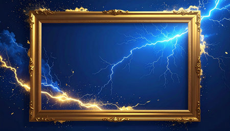 Realistic golden frame with lightning on blue background. Vector illustration.の素材