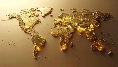 Map of the world in gold color. 3d render illustration.の素材