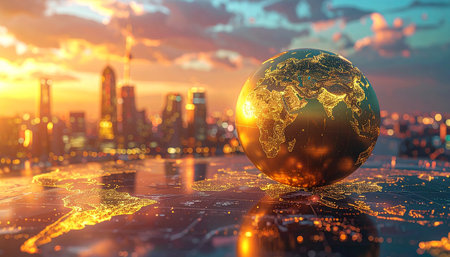 Globe on the background of the city. 3D rendering.の素材