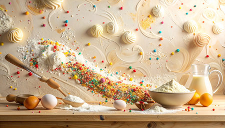 Baking background with ingredients and kitchen utensils on wooden shelfの素材