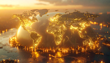 World map and glowing lights. Global business and finance concept. 3D Renderingの素材