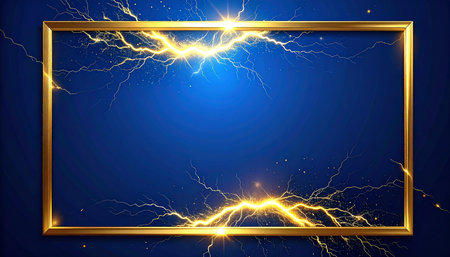 Golden frame with lightning effects on dark blue background. Vector illustration.の素材