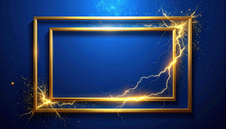 Abstract blue background with golden frame and lightning. Vector Illustration.の素材