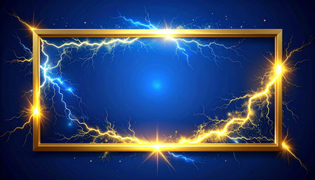 Golden frame with lightning on dark blue background. Vector Illustration.の素材