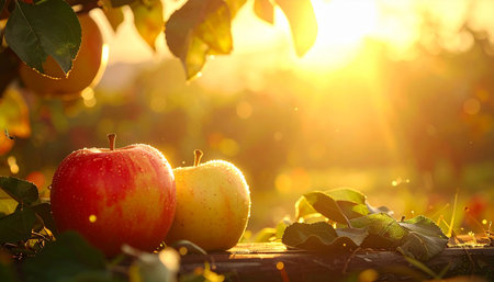 Two apples on a wooden table in an apple orchard at sunsetの素材