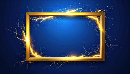 Golden frame with lightning on dark blue background. Vector Illustration.の素材