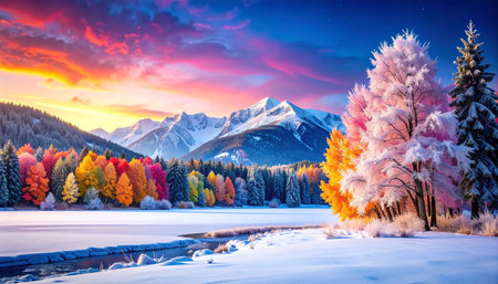 Colorful winter landscape with snow covered trees on the shore of lake.の素材