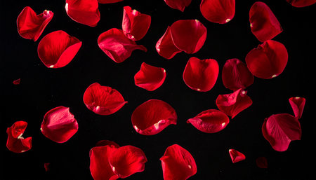 Red rose petals fly in the air on a black background.の素材