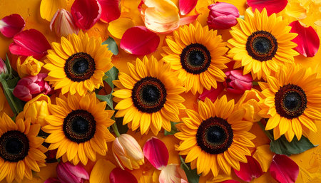Beautiful sunflowers and tulips on color background, top viewの素材