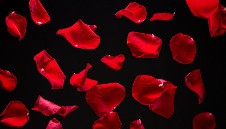 Red rose petals fly in the air on a black background.の素材