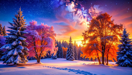 Fantastic winter landscape with snow covered trees and starry skyの素材
