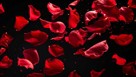 Red rose petals fly in the air on a black background.の素材