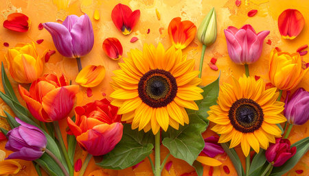 Colorful tulips and sunflowers on yellow textured backgroundの素材