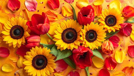 Beautiful colorful tulips and sunflowers on color background, top viewの素材