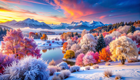 Colorful winter sunrise over the lake and snow-capped mountainsの素材
