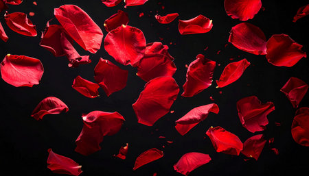Red rose petals flying in the air on a black background.の素材