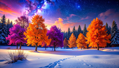 Fantastic winter landscape. Colorful trees in the snow.の素材