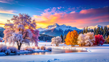 Colorful winter landscape with snow covered trees and lake at sunset.の素材